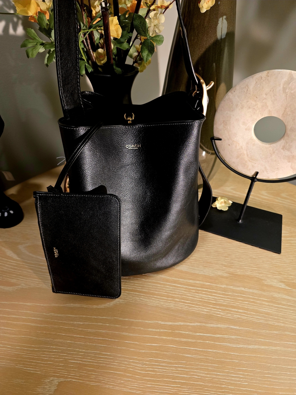 Coach Black Leather Bleeker Bucket Bag with Removable Pouch